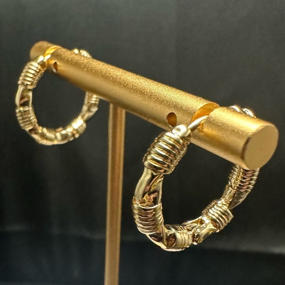 Gold Hoop Earrings – Lightweight Chunky Bamboo Style | Hypoallergenic Brass - Picture 11 of 11
